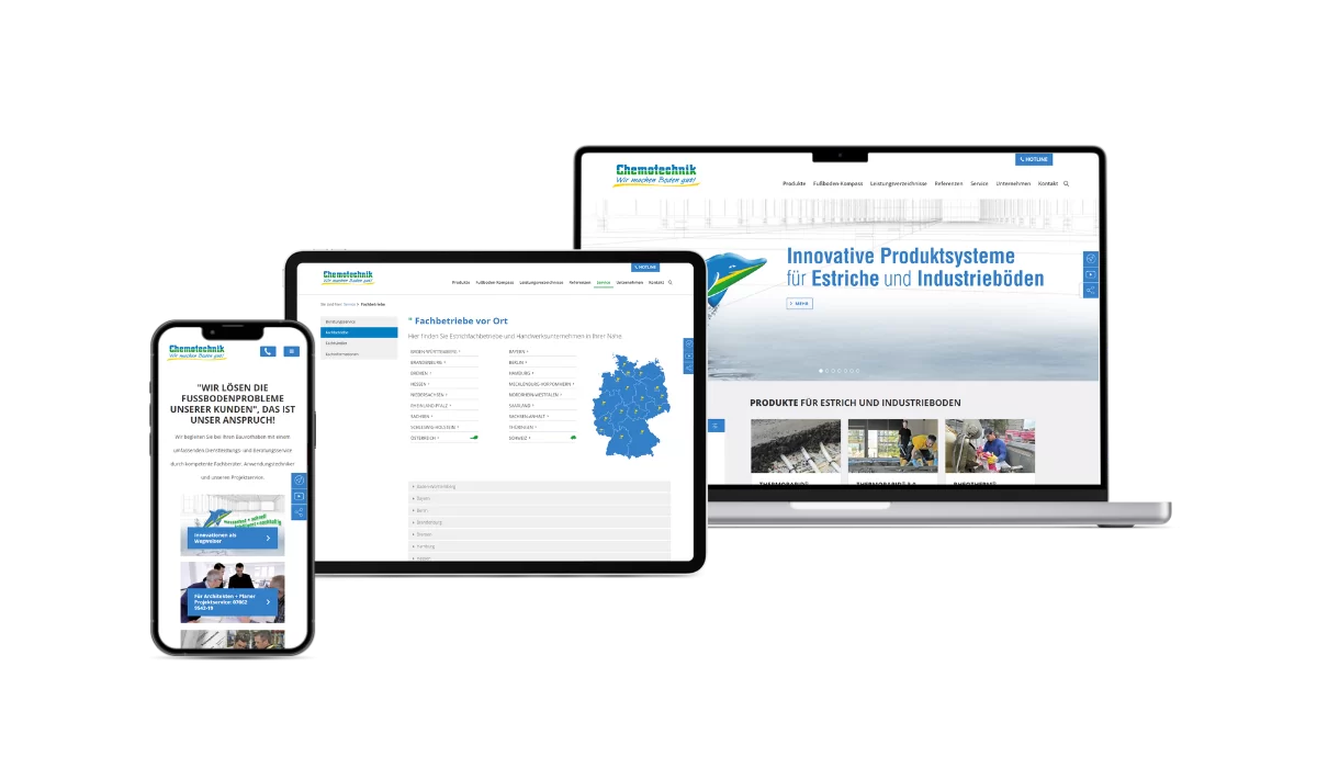 Auf dem Laptop wird die Startseite angezeigt, auf dem Tablet lokale Fachbetriebe und auf dem Handy Blogbeiträge.