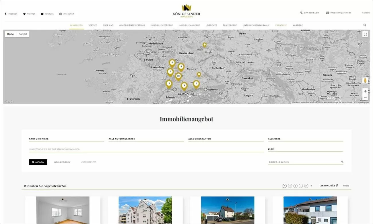 ALle Immobilien von Königskinder aufgelistet untereinander mit interaktiver Google Maps Karte als Header