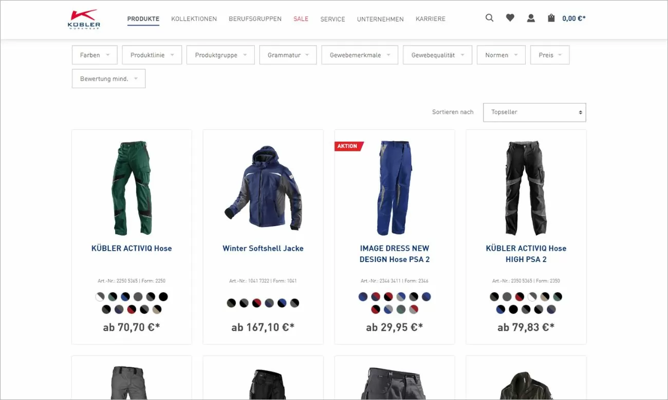 Ein Highlight des Online-Shops Kübler Workwear: das Listing