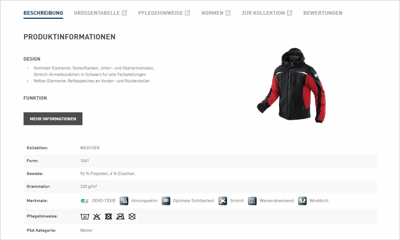 Ein Highlight des Online-Shops Kübler Workwear: die Produktdetailseite
