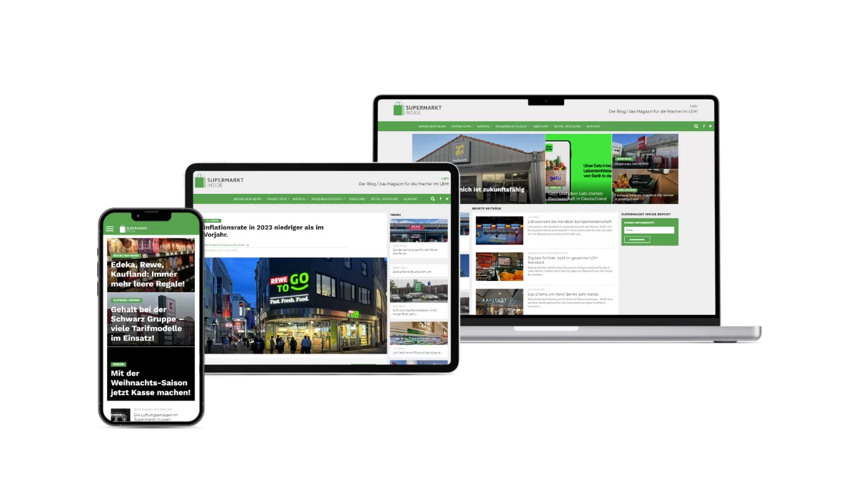 Darstellung der Webseite von Supermarkt-Inside auf unterschiedlichen Geräten. Auf dem MacBook ist die Startseite zu sehen. Auf dem iPad ein Artikel und auf dem iPhone ist eine Übersicht über mehrere Artikel zu sehen.