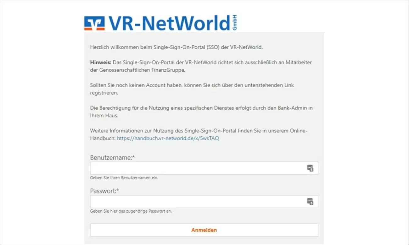 VR-NetWorld Login - Eingebefeld für Benutzername und Passwort