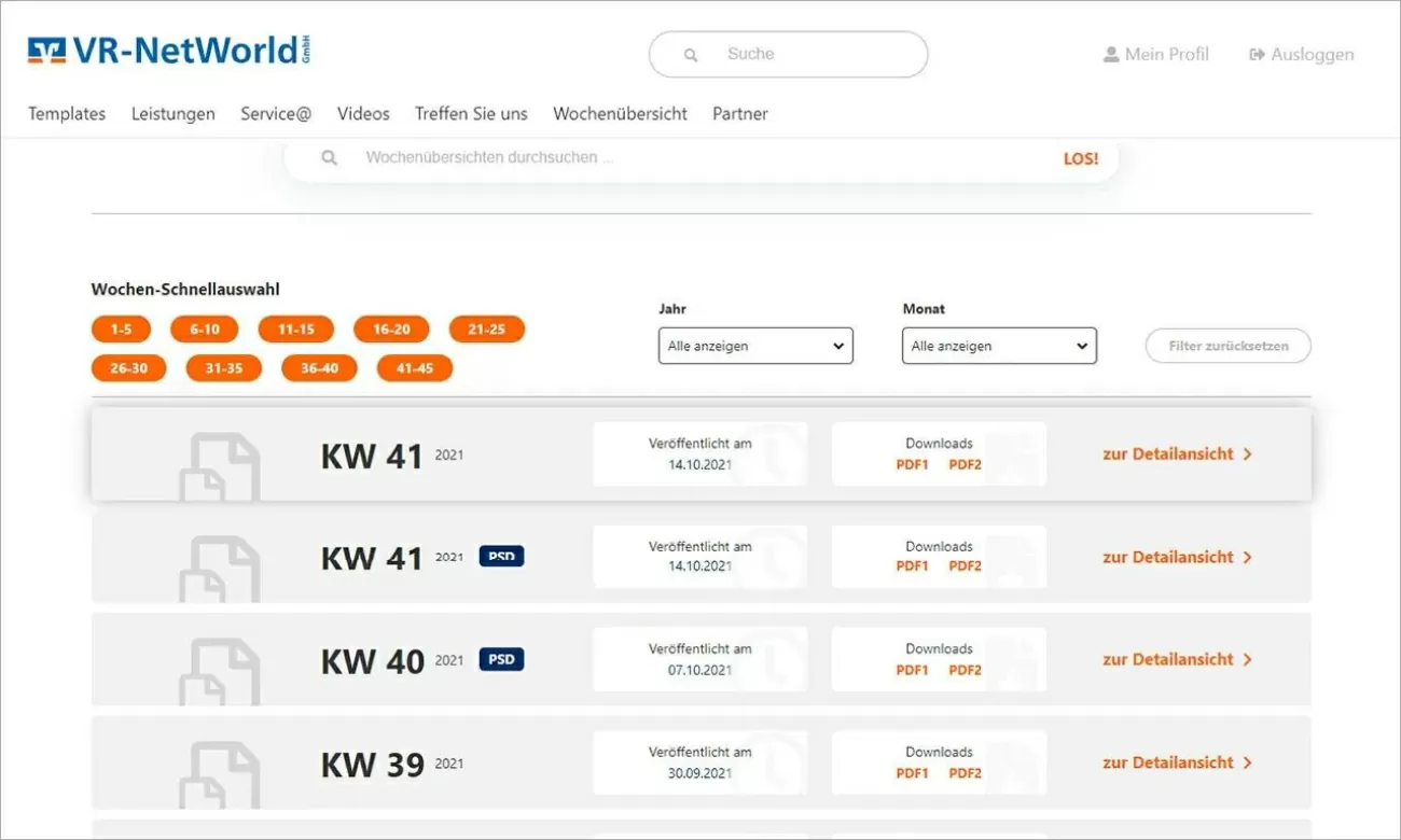 VR-NetWorld Wochenübersicht mit der Möglichkeit, das PDF herunterzuladen und die Detailansicht anzusehen.