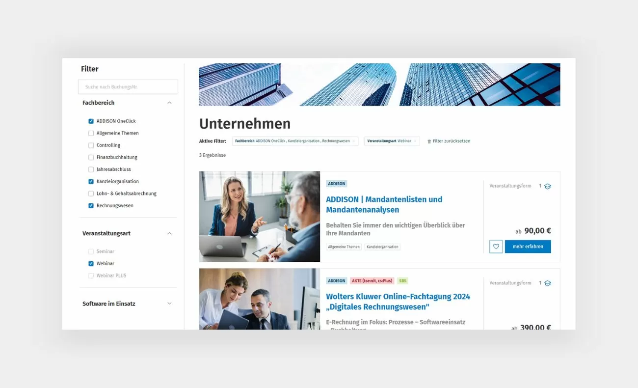 Ein Screenshot der Unternehmensseite mit den verfügbaren Webinaren/Seminaren und einer Filterfunktion in der linken Sidebar.
