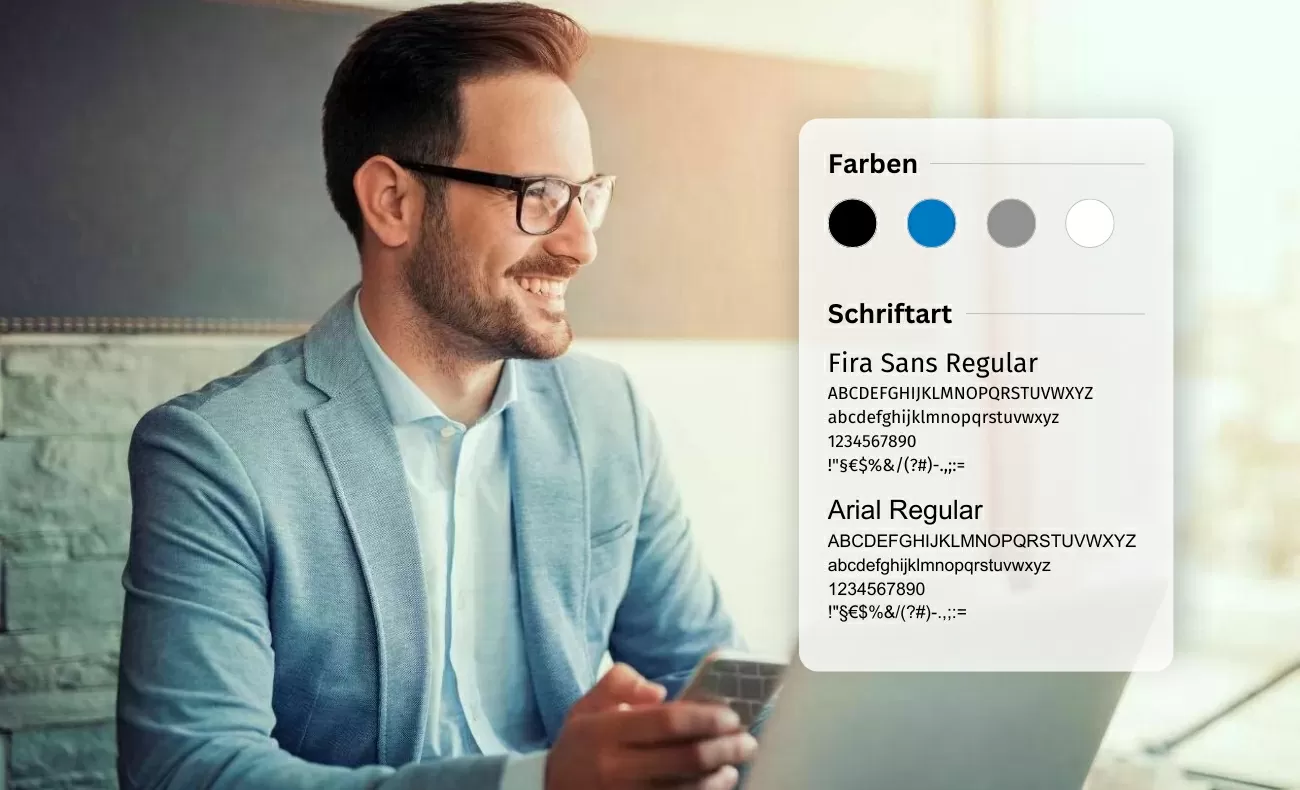 Wolters Kluwer Styleguide mit Farben blau, orange, weiß und schwarz, und Schriftarten Open Sans Regular und Arial Regular, daneben ein Mann mit Brille in Anzug vor seinem Laptop