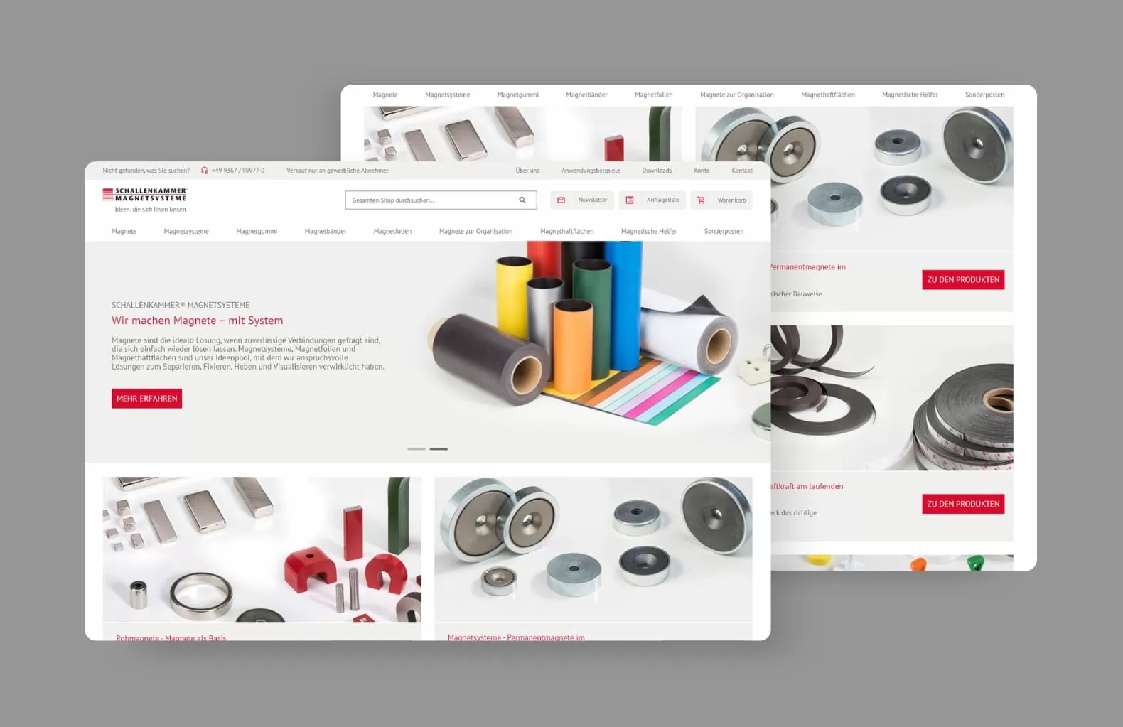 Teaser Referenz mit der Startseite und einer Übersicht von den Produkten aus dem Schallenkammer Online-Shop