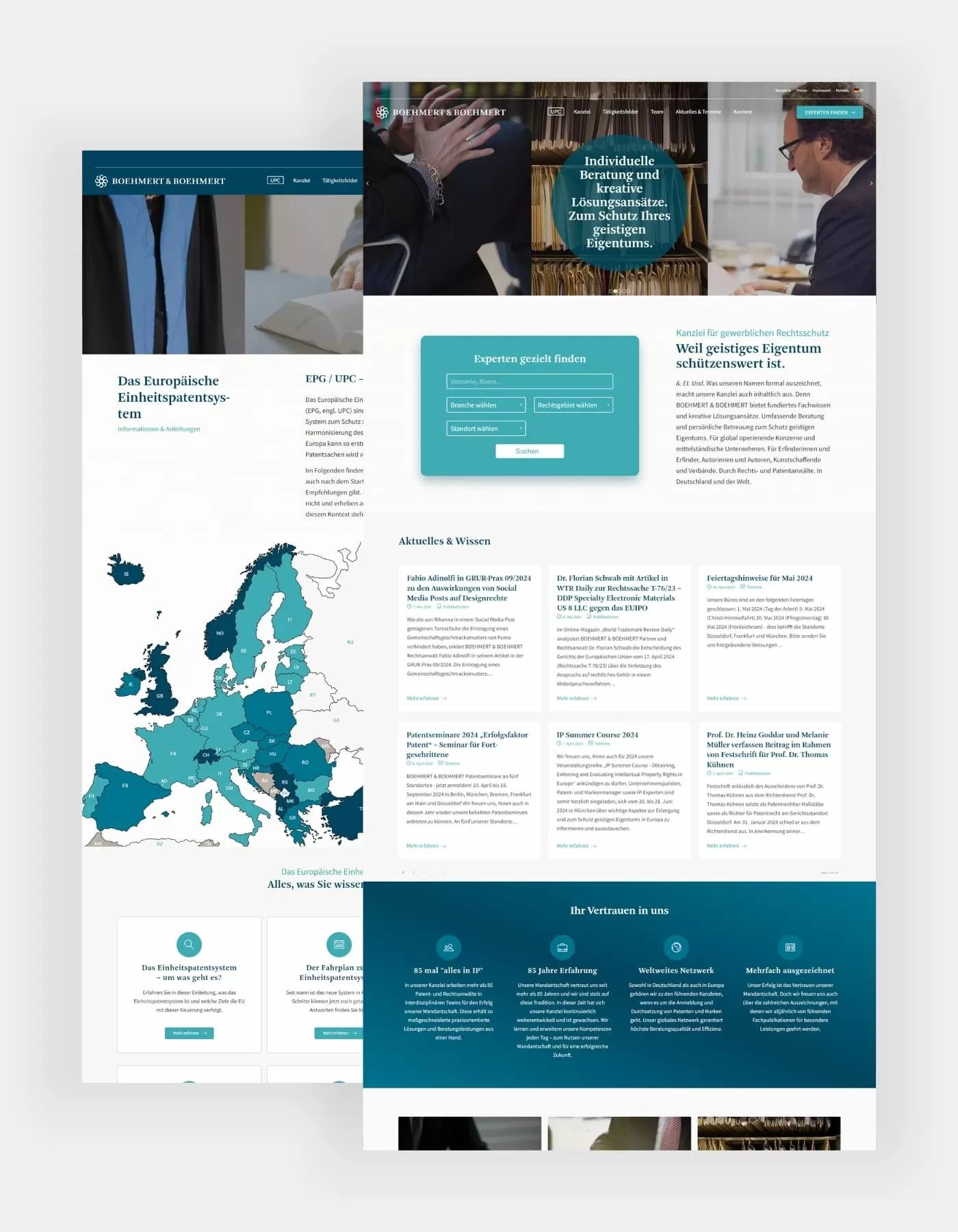 Hochkante Screenshots von Boehmert und Boehmert. Auf dem vorderen Screenshot ist die Startseite und auf dem hinteren das europäische Einheitspatentsystem