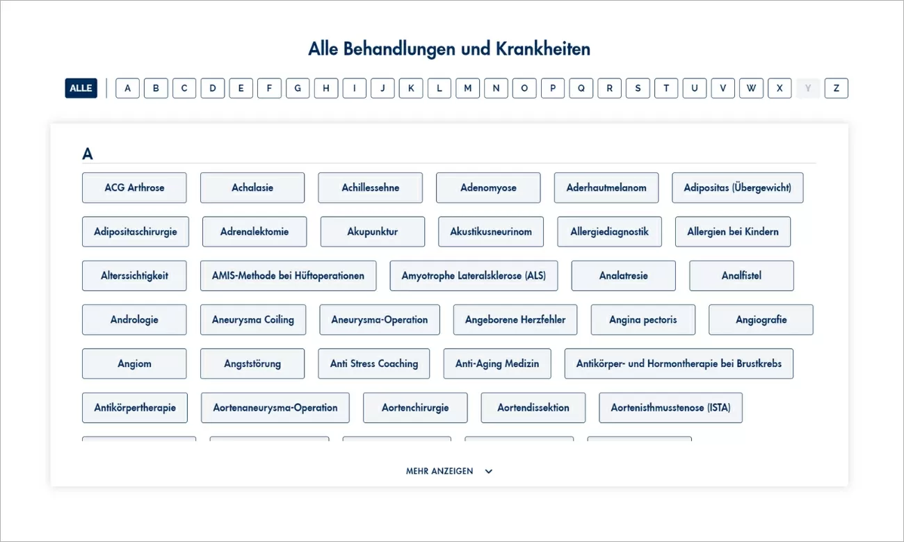 Referenz mit Filteroption nach den einzelnen Behandlungen und Krankheiten von A bis Z