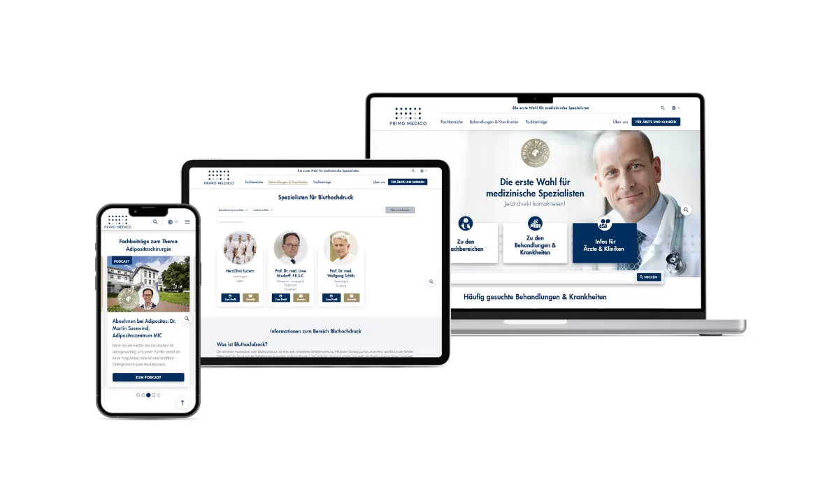Mockup von Primo Medico mit Screenshots auf unterschiedlichen Geräten. Auf dem MacBook ist die Startseite, auf dem iPad Spezialisten für Blutdruck und auf dem Smartphone Fachbeiträge.