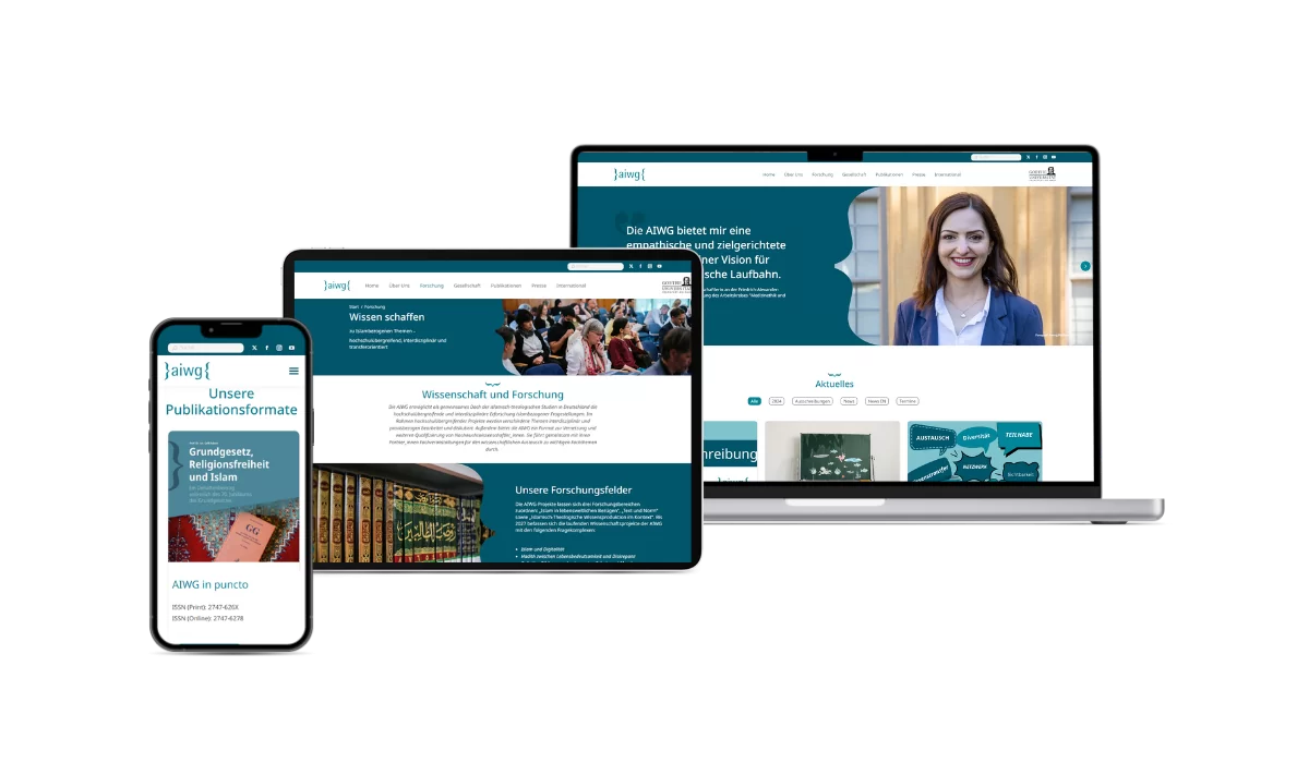 Unterschiedliche responsive Darstellung der gerelaunchten WordPress-Seite von AIWG auf den Geräten iPhone, iPad & Macbook