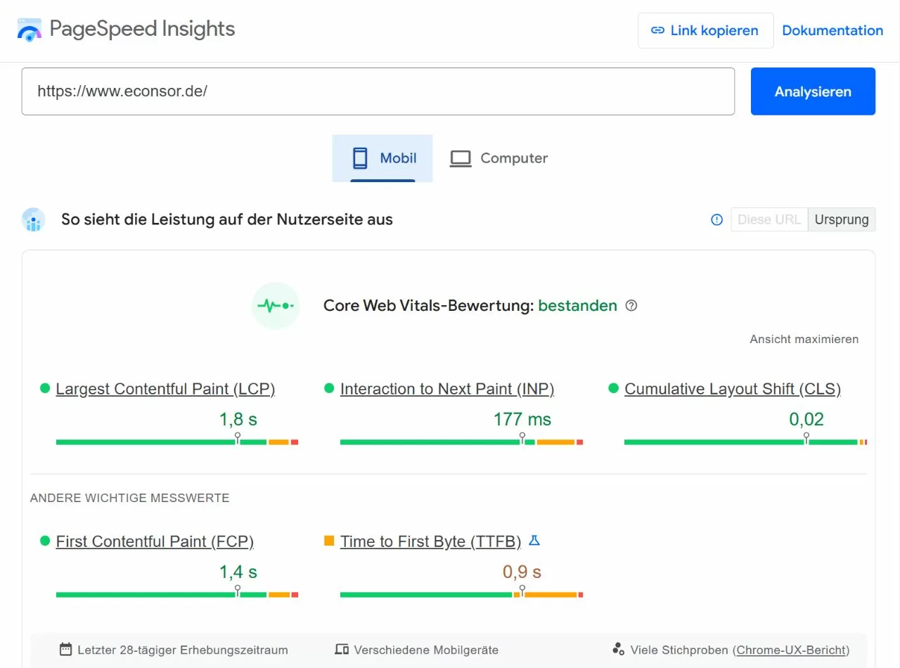 Darstellung von Analyse mit Google Page Speed